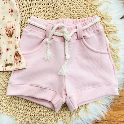 Conj. Blusa Ribana Balões e Short em Moletinho - Rosa e Areia